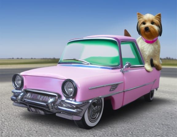 Yorkie Dog Driving a Pink Cadillac