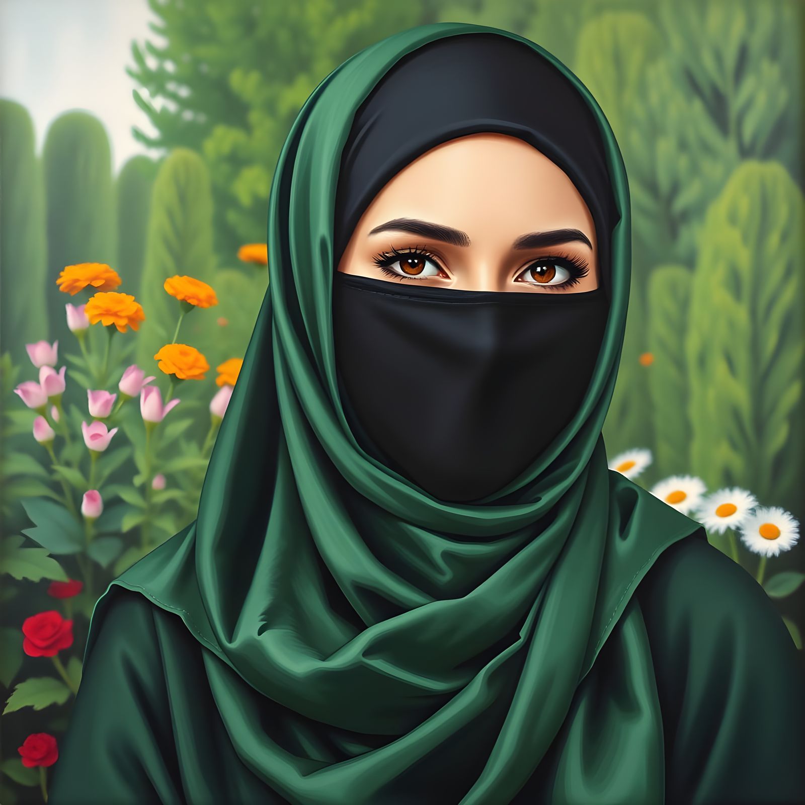 Oil Painting of a Friendly Hijabi Woman in Garden