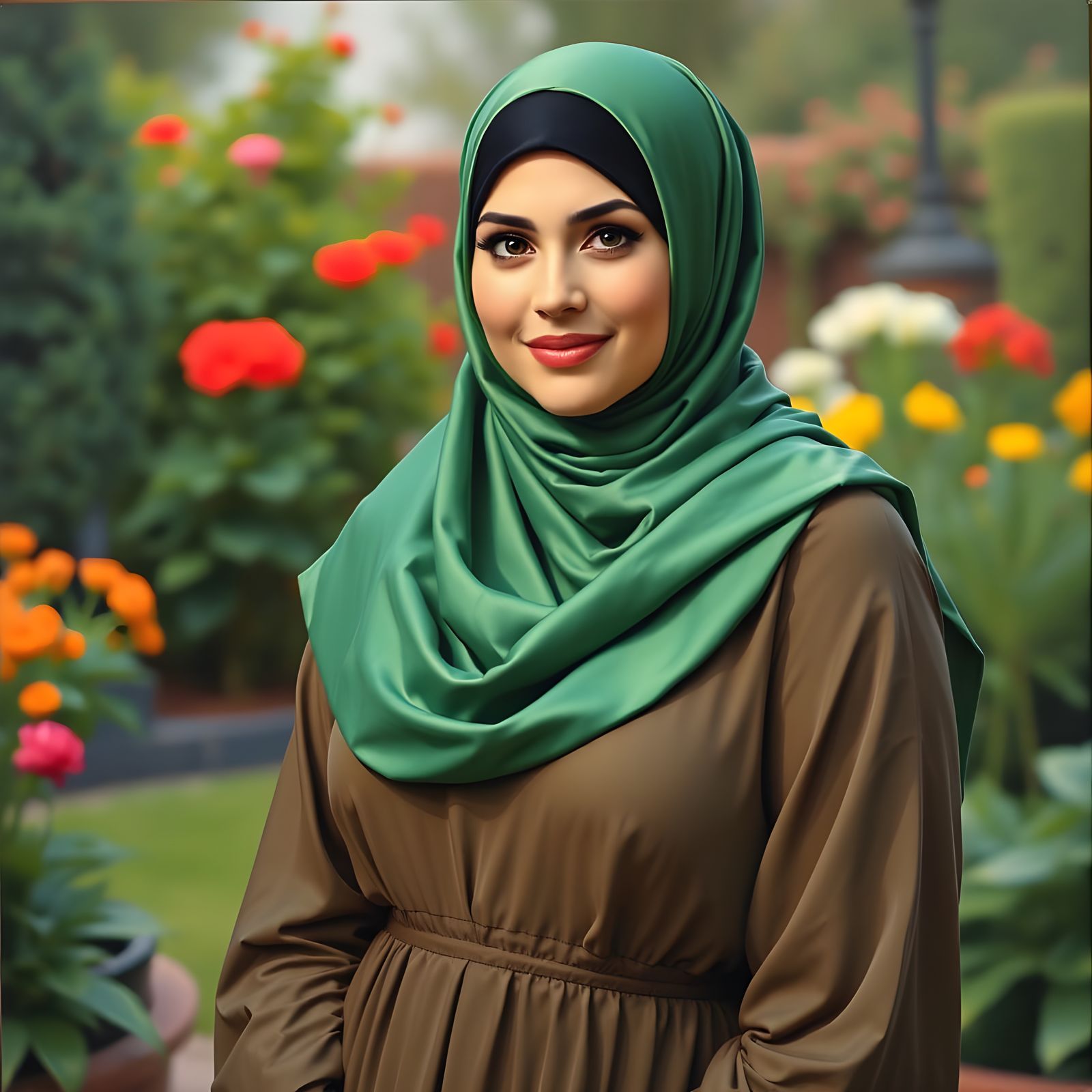 Beautiful Hijabi Woman in Garden, Oil Painting Style