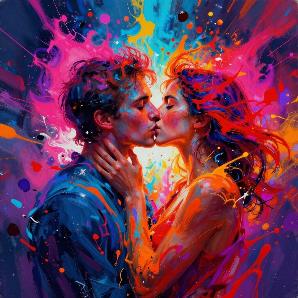 Intense Lovers Kiss Explodes in Electric Color