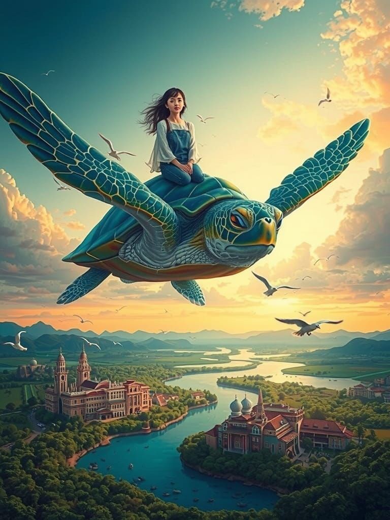 A surreal art of a flying turtle.