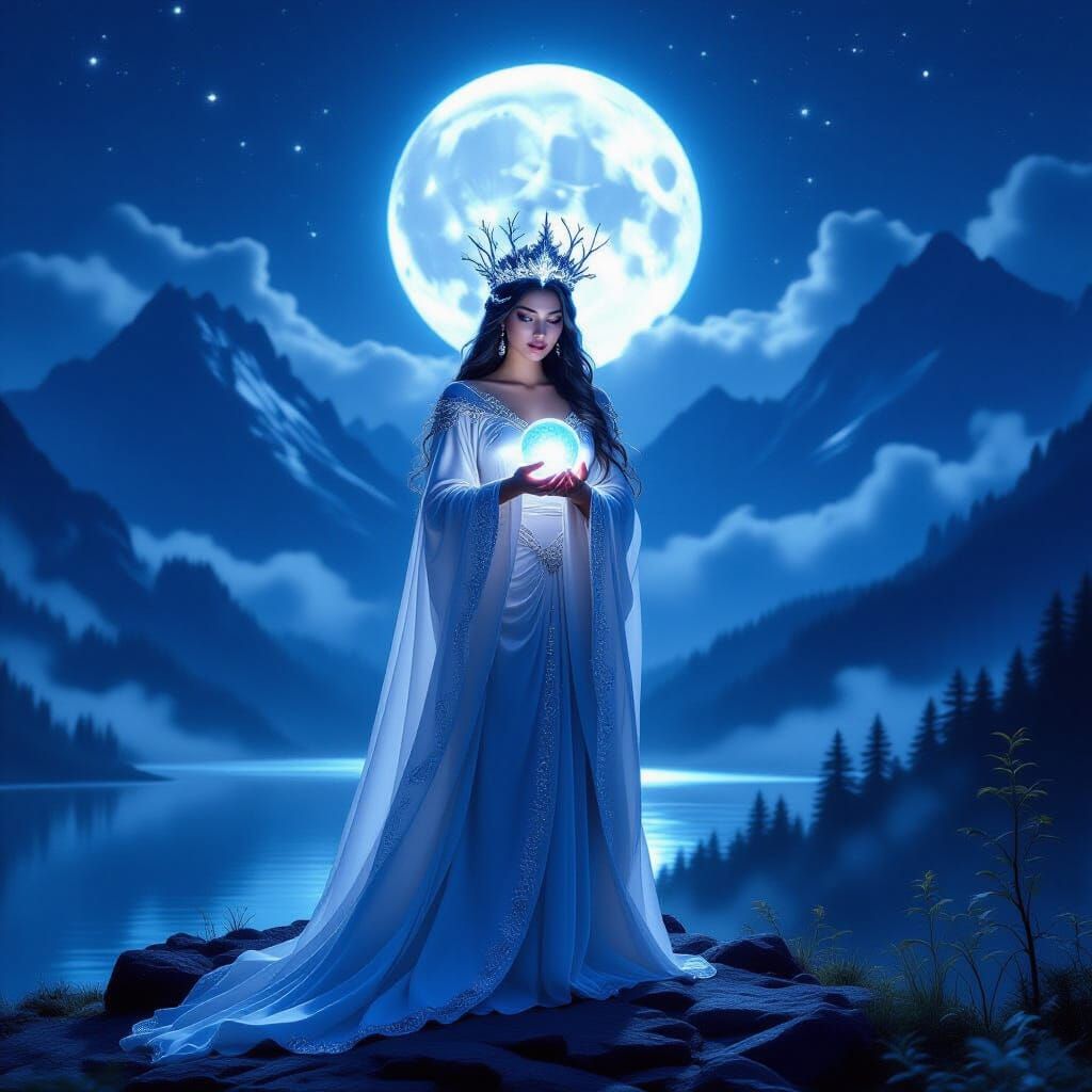 Mystical Queen on Mountain Peak Under Full Moon