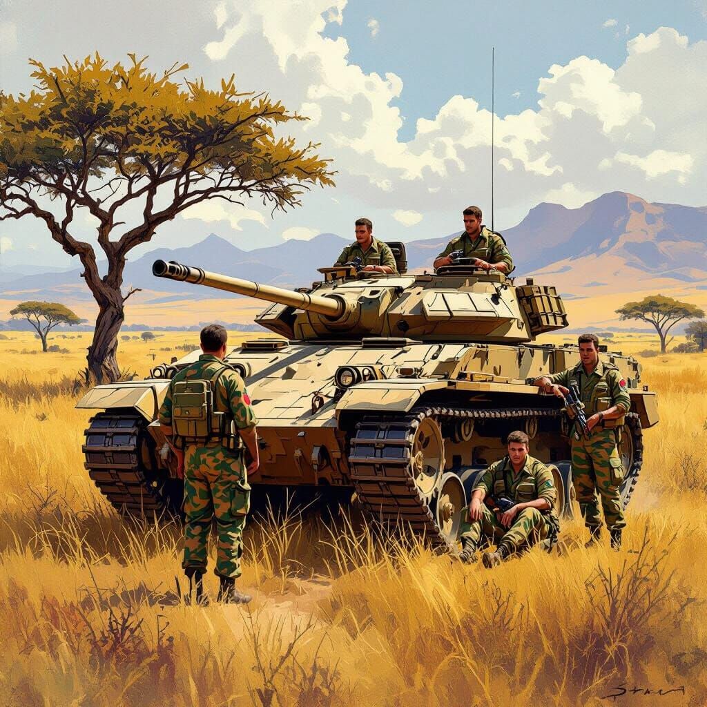 South African Soldiers in Savannah Landscape