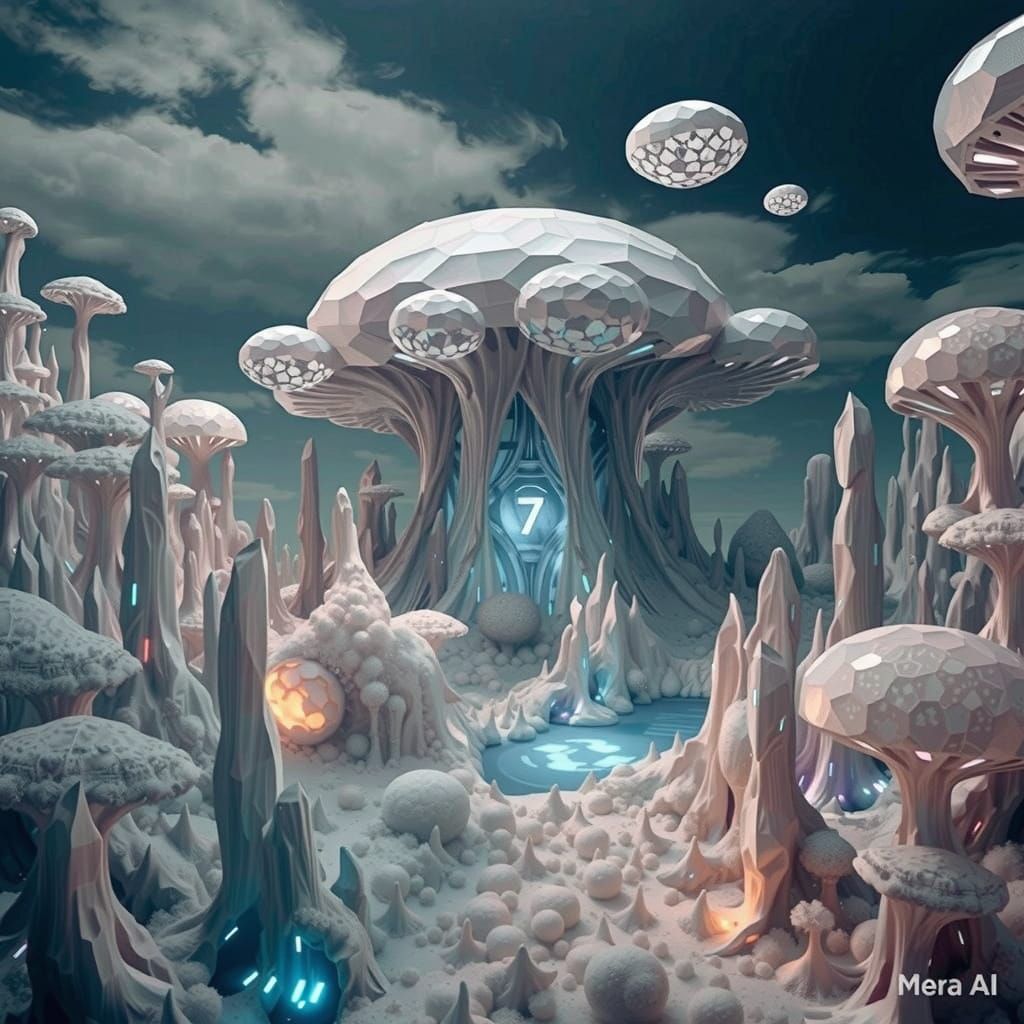 Dreamlike Landscape with Glowing Mushroom Structures