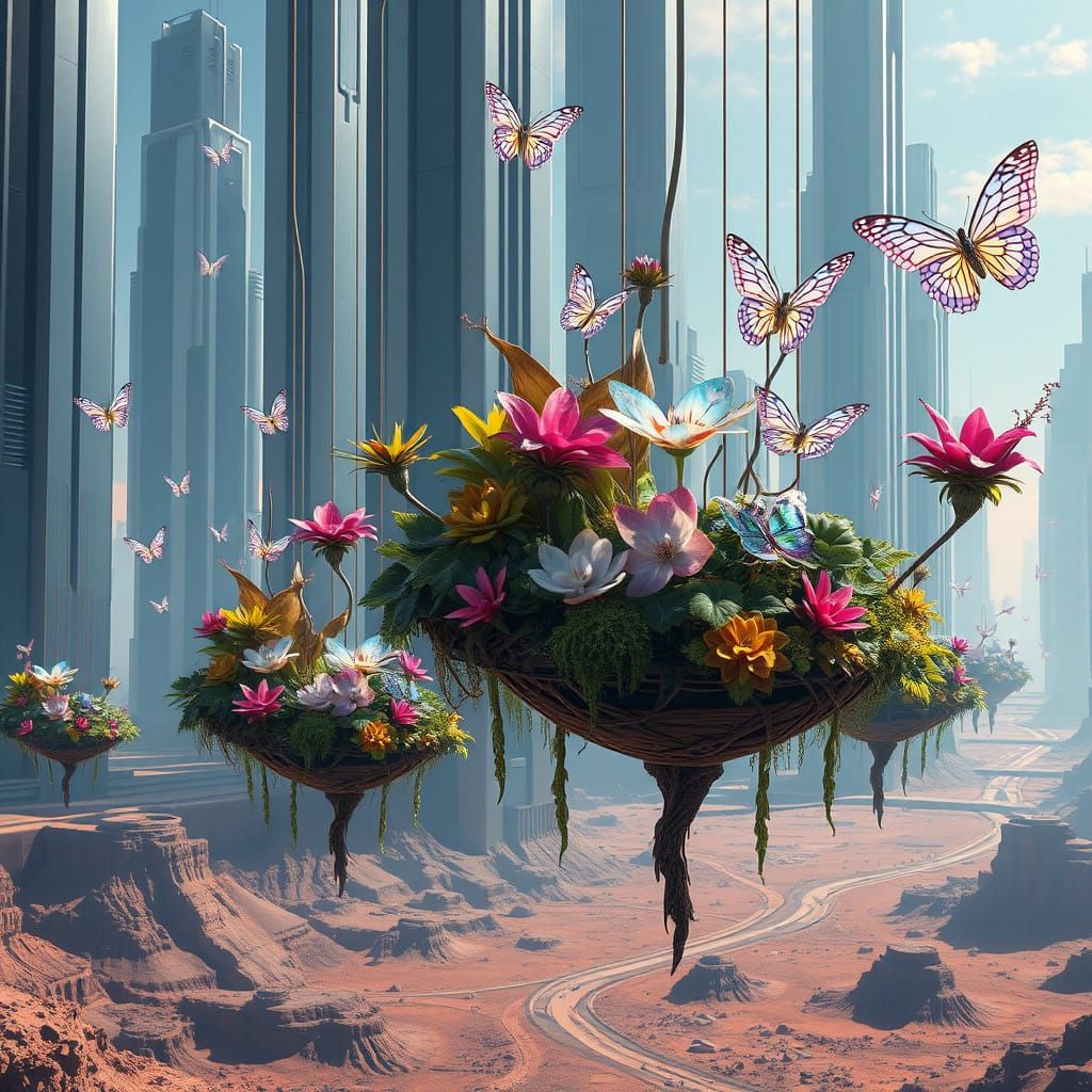 Floating Futuristic Oasis in Neon Cityscape