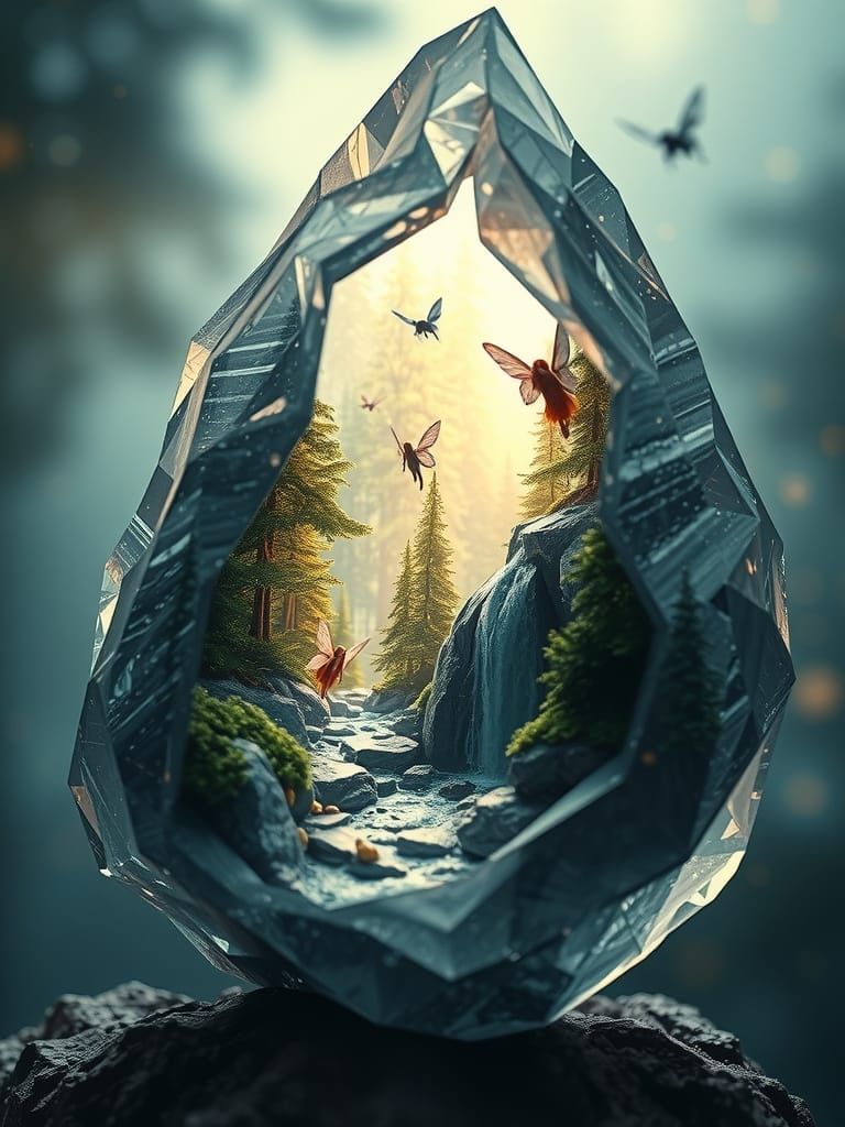 Miniature Forest World Inside Crystal with Fairies