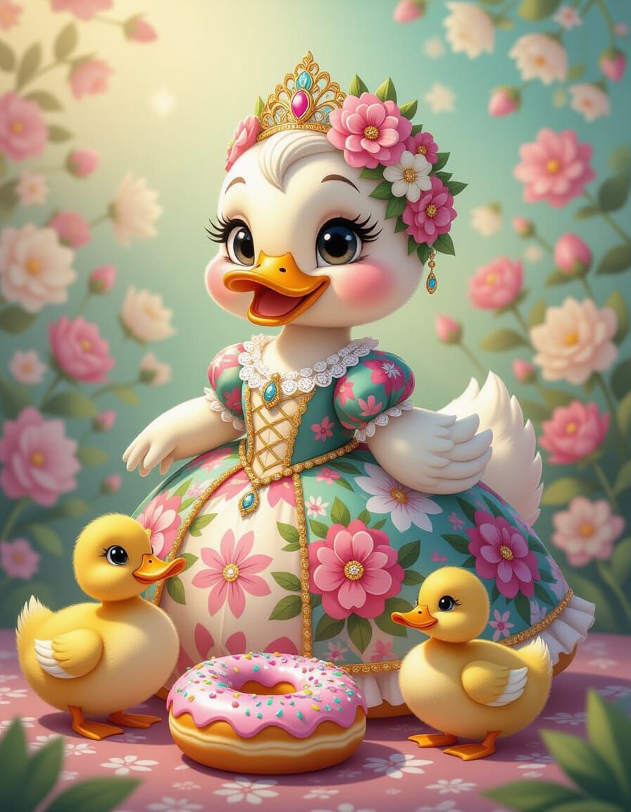 Patchwork Donut Portrait with Duck in Floral Setting