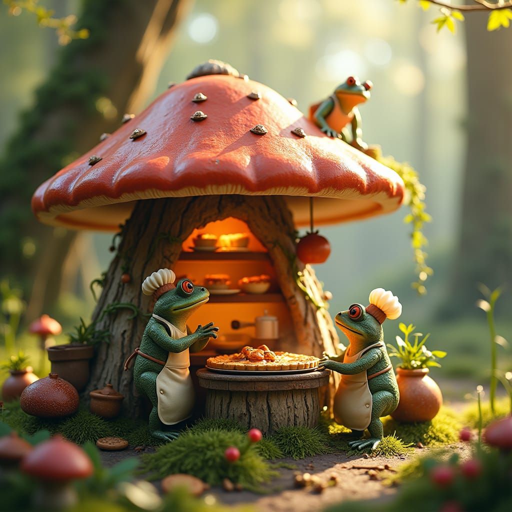 Frogs Baking Pies in Toadstool Kitchen