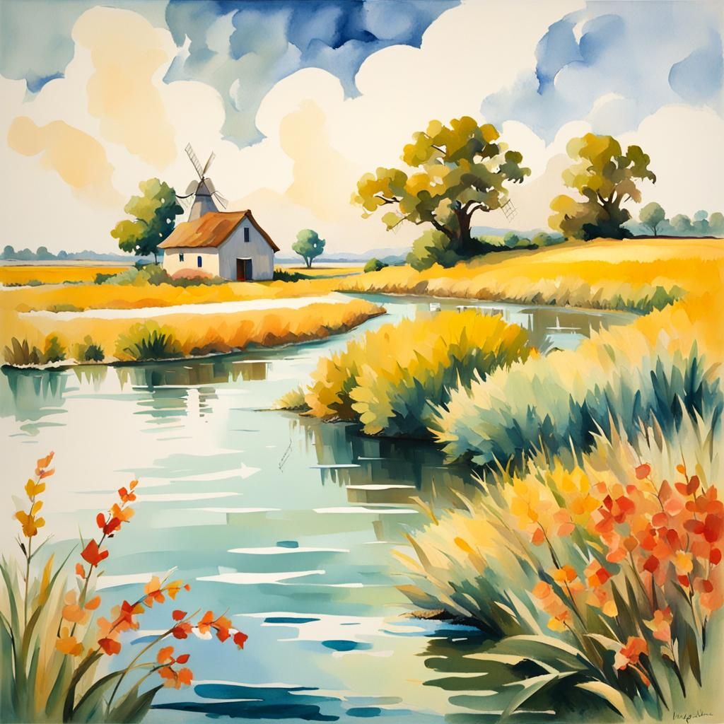 Island Windmill Farm in Gouache Watercolor Style