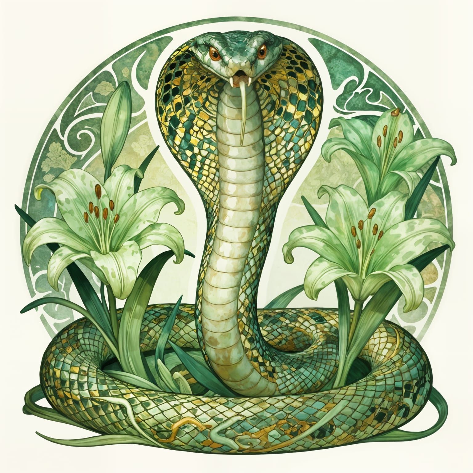 Elegant Art Nouveau Cobra Amidst Green Lilies