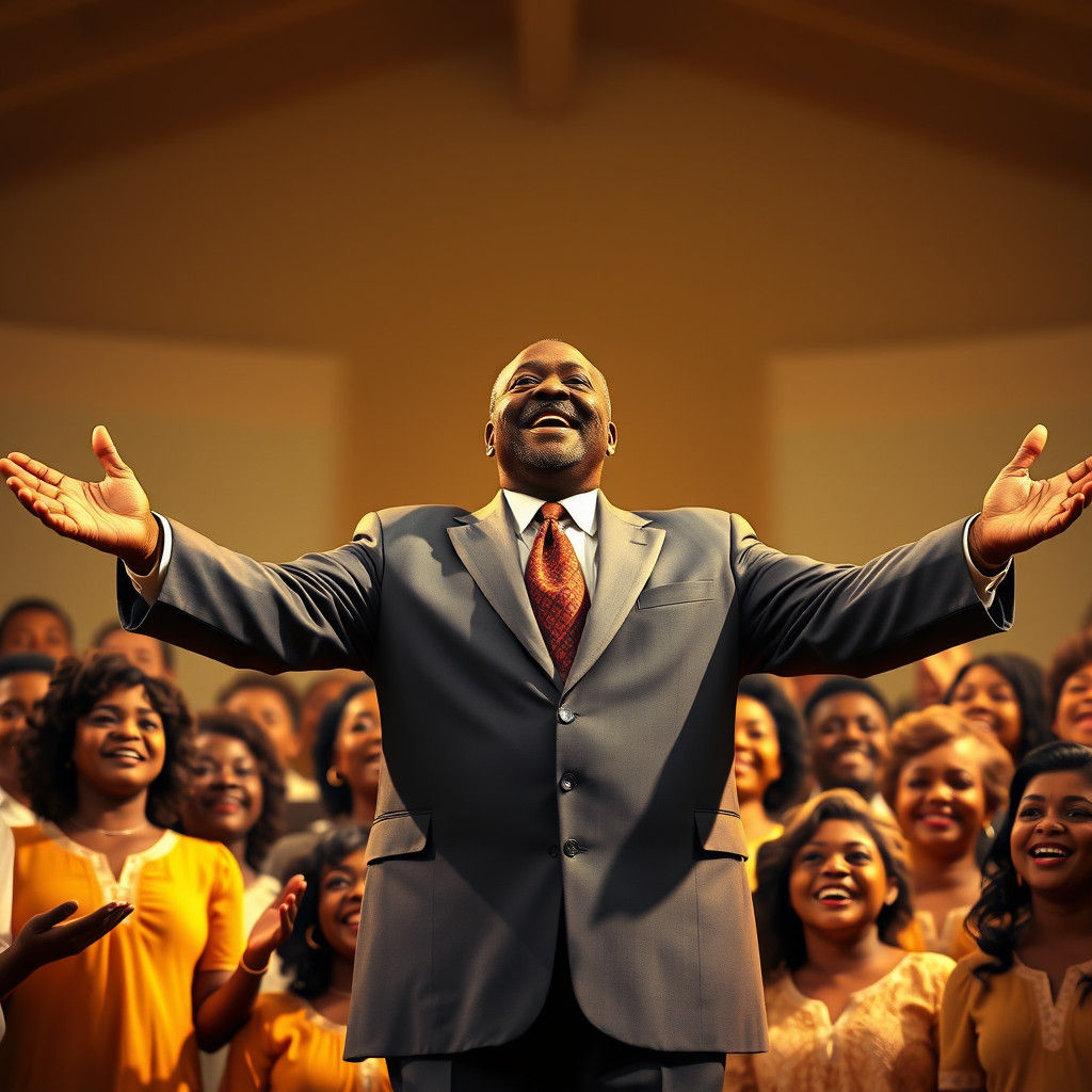 Joyful Choir Led by Minister in Golden Light