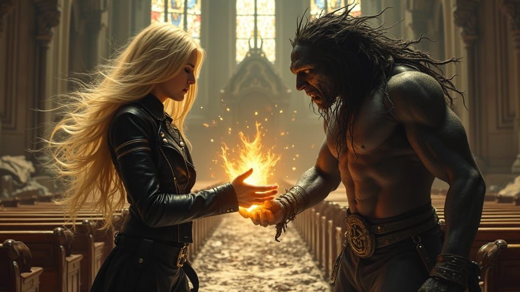 Selene Stands Confidently in Ruined Church, Opposite a Formi...