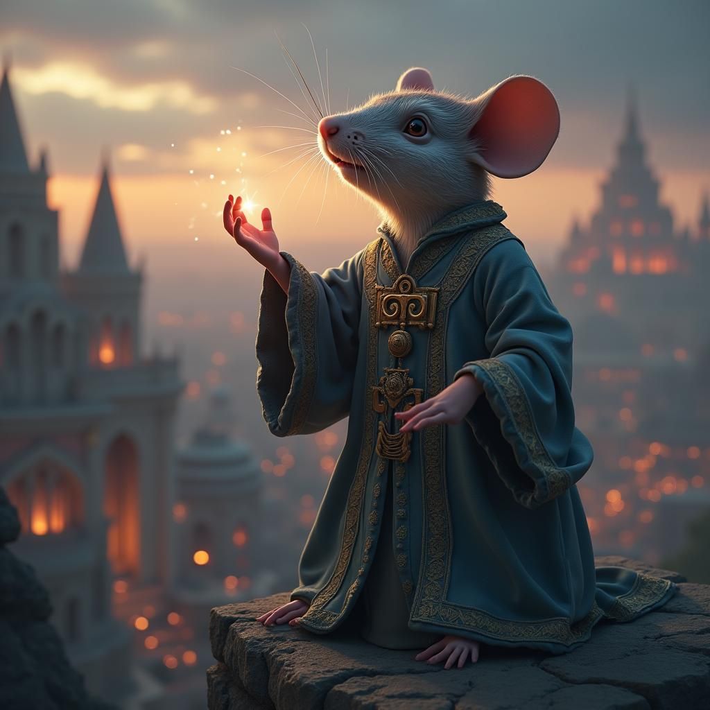 Mystical Mouse in Ancient Cityscape