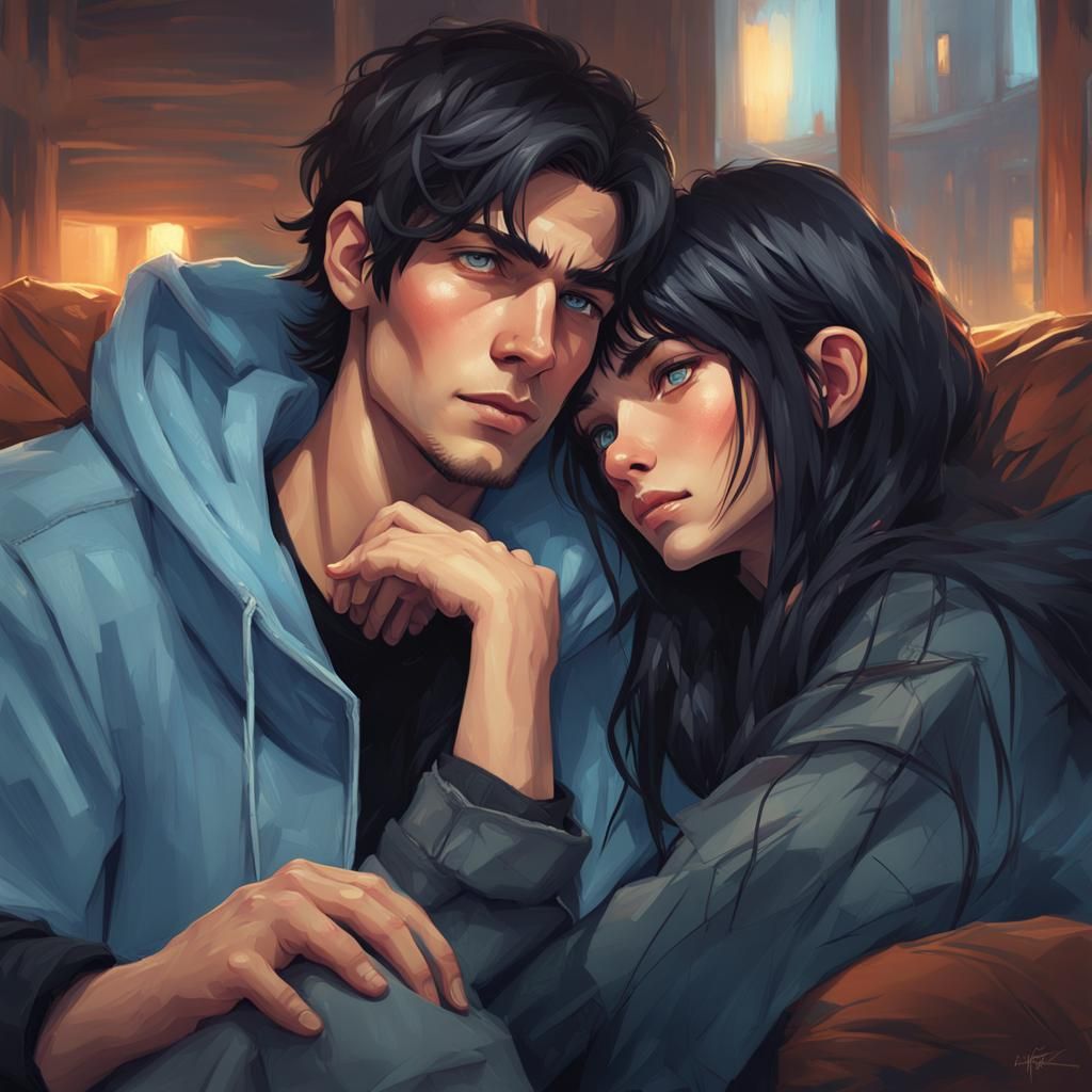 Girl and Boy Cuddling: Hyperdetailed Portrait