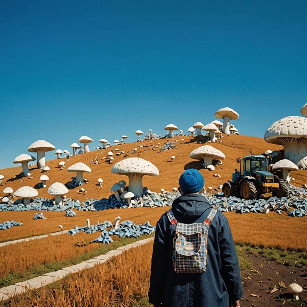 Linocut Mushroom Harvesters in Blue and White