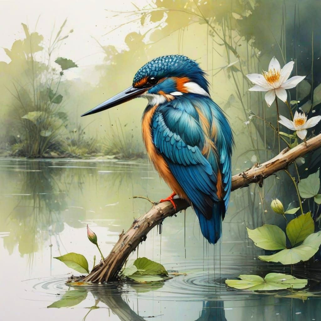 Surreal Watercolour Scene of Kingfisher on Lilypond Branch