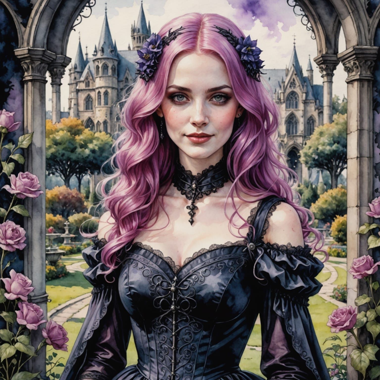 Gothic Garden Portrait of Pink Haired Woman in Watercolor