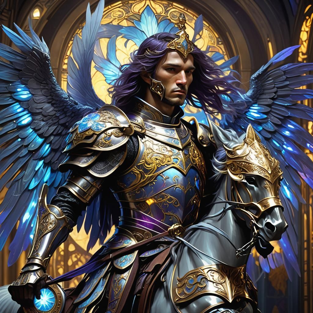 Winged Knight in Ornate Armor, Art Nouveau Style