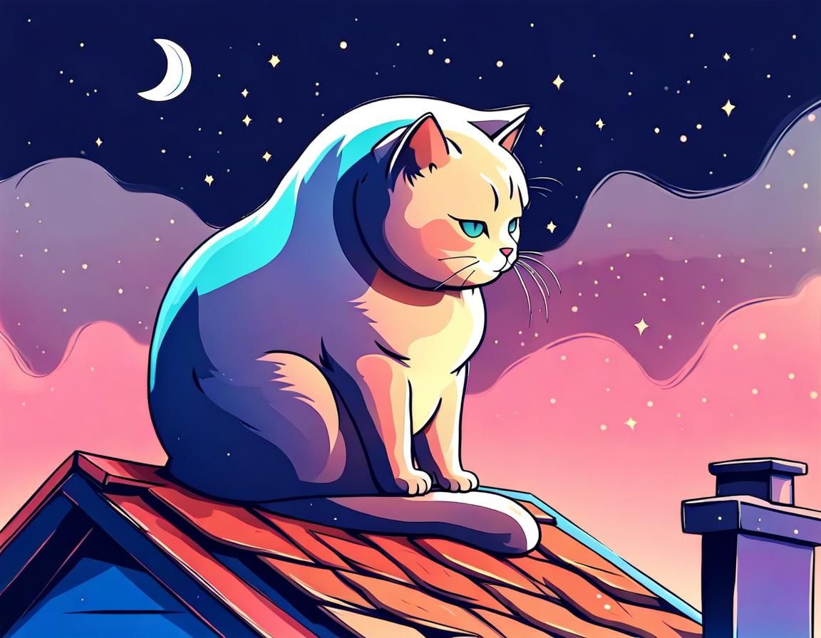 Chubby Cat Moon Gazing: Soft Vibrant Watercolor