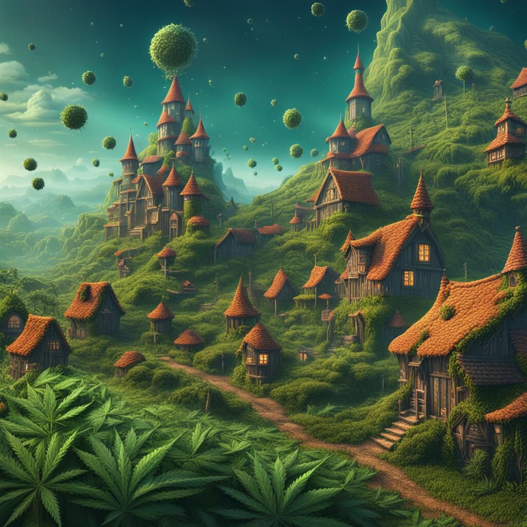 Cannabis Bud Village: Detailed Matte Painting
