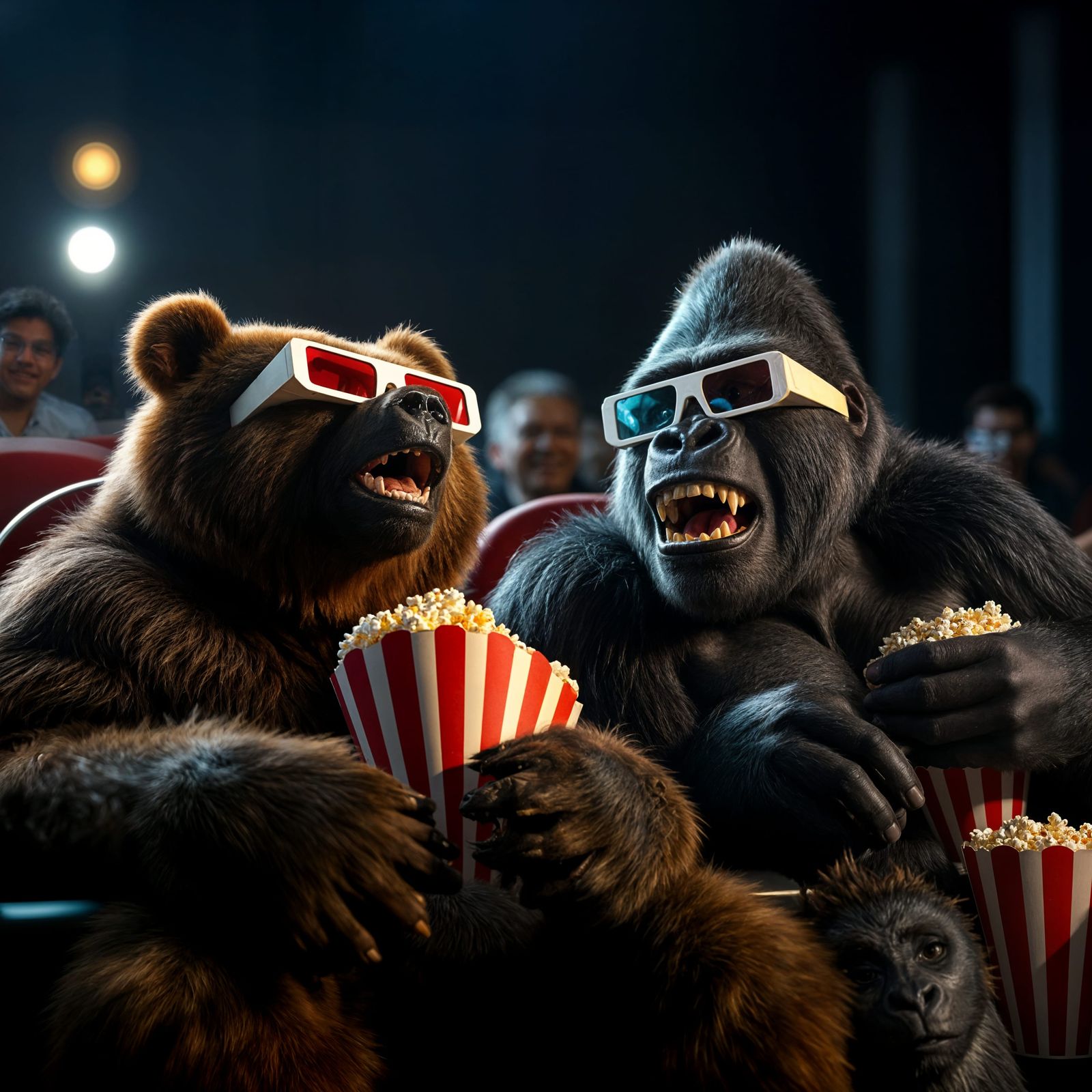 Bear and Gorilla Laughing at Movie in 3D Glasses
