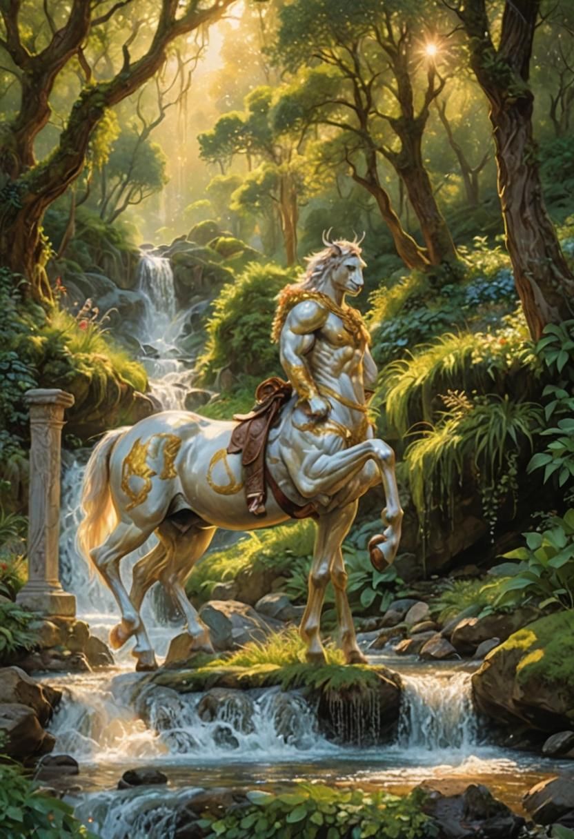 Greek Centaur Walks by Stream in Ethereal Style