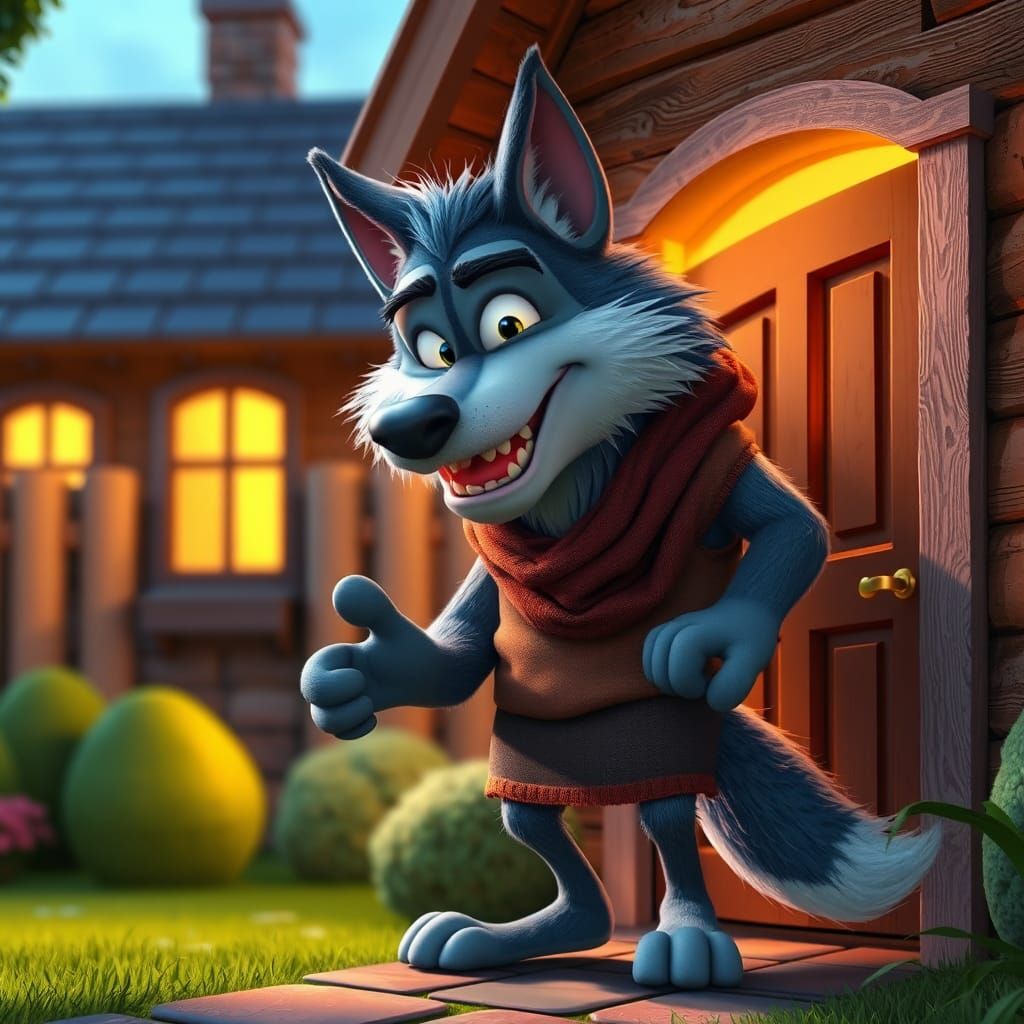 Big Wolf Knocks on Talking Door: Pixar-Style 3D Cartoon