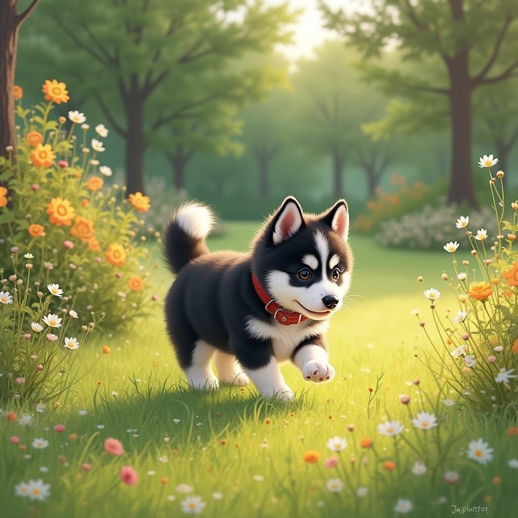 Playful Siberian Puppy in Botanical Garden Illustration