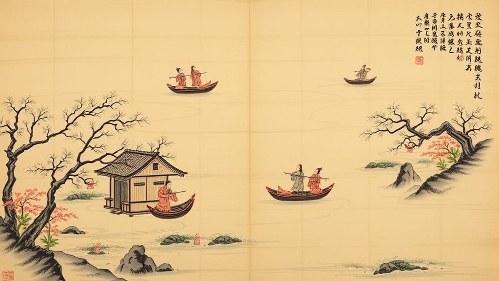 Chinese Calligraphy Handscroll Painting of People on a River...