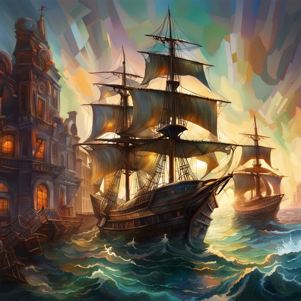 Hyperrealistic Town by the Sea with Sailing Ships