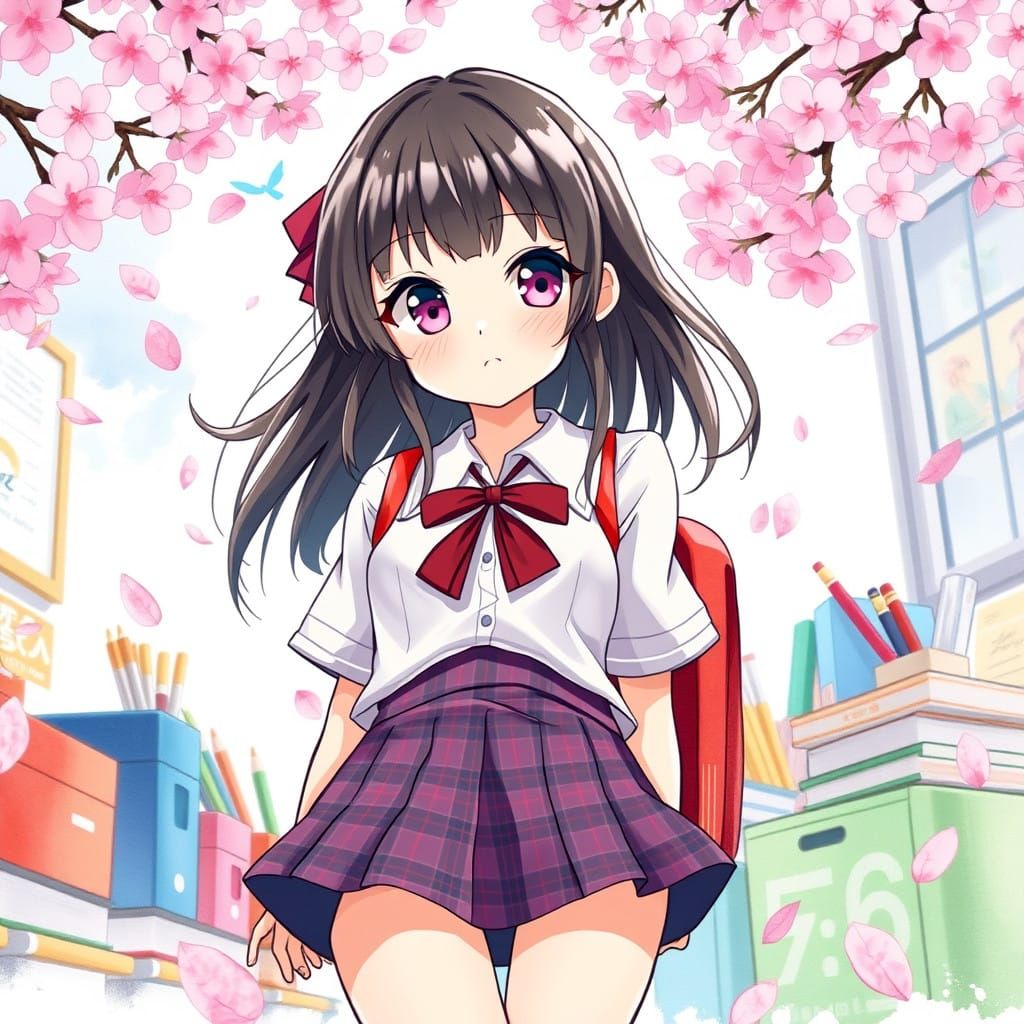 Vibrant Anime School Girl in Traditional Seifuku Uniform
