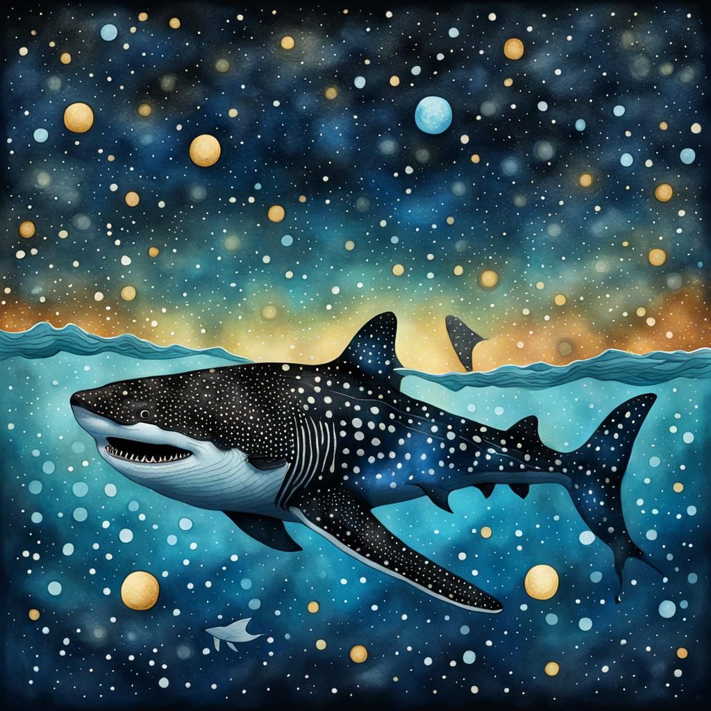 Whale Shark Swimming in Starry Sky, Digital Art