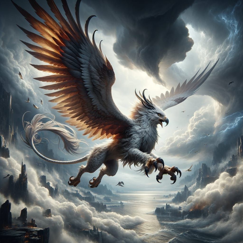 Fantasy Griffin Soars Through Stormy Skies in Dramatic Conce...