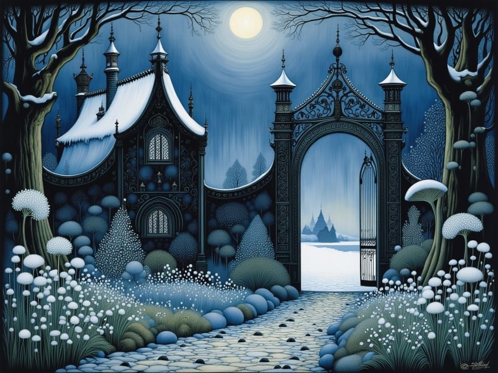 Surreal Snowdrop Gate Unfolds into Mystical Watercolor Ink A...