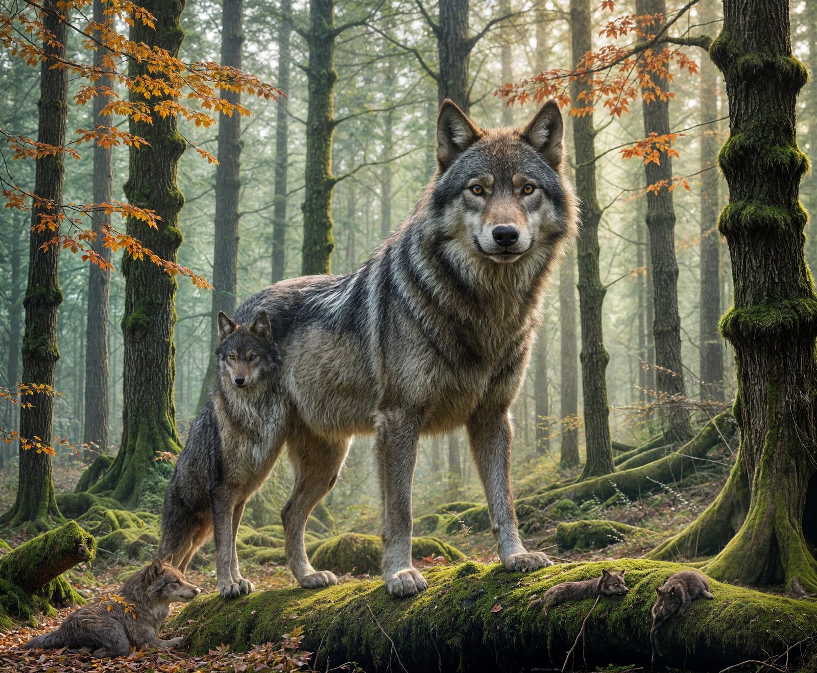 Majestic Wolf in Surreal Autumn Forest Double Exposure