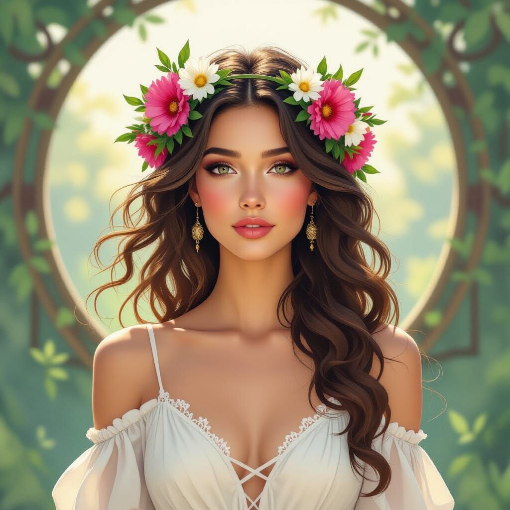 Woman with Wildflower Wreath Art Nouveau Style