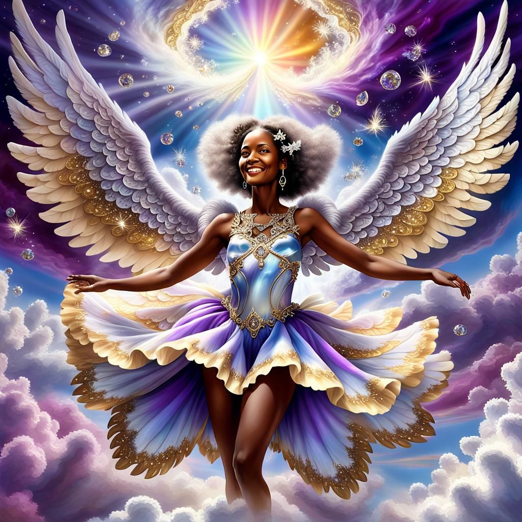A ethereal fantasy full 5k HD 600DPI professional airbrushed image of a 42 year old African American angel floating in a...