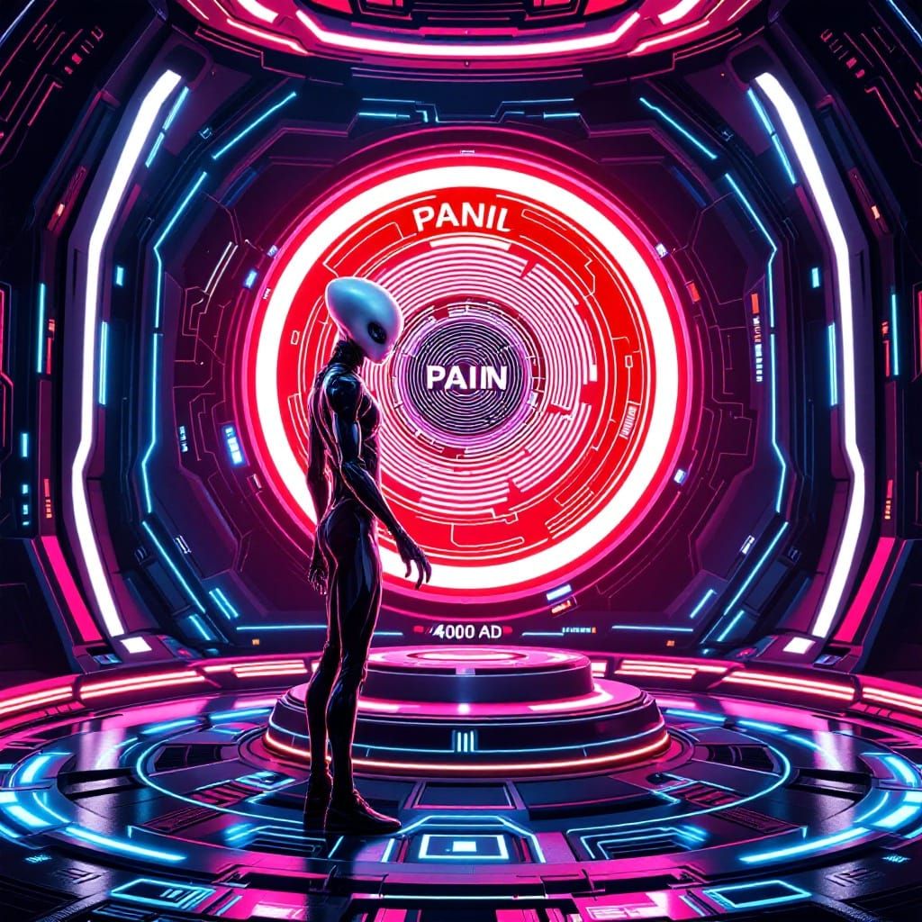 Alien Contemplates Red Panic Button in Futuristic Control Ro...