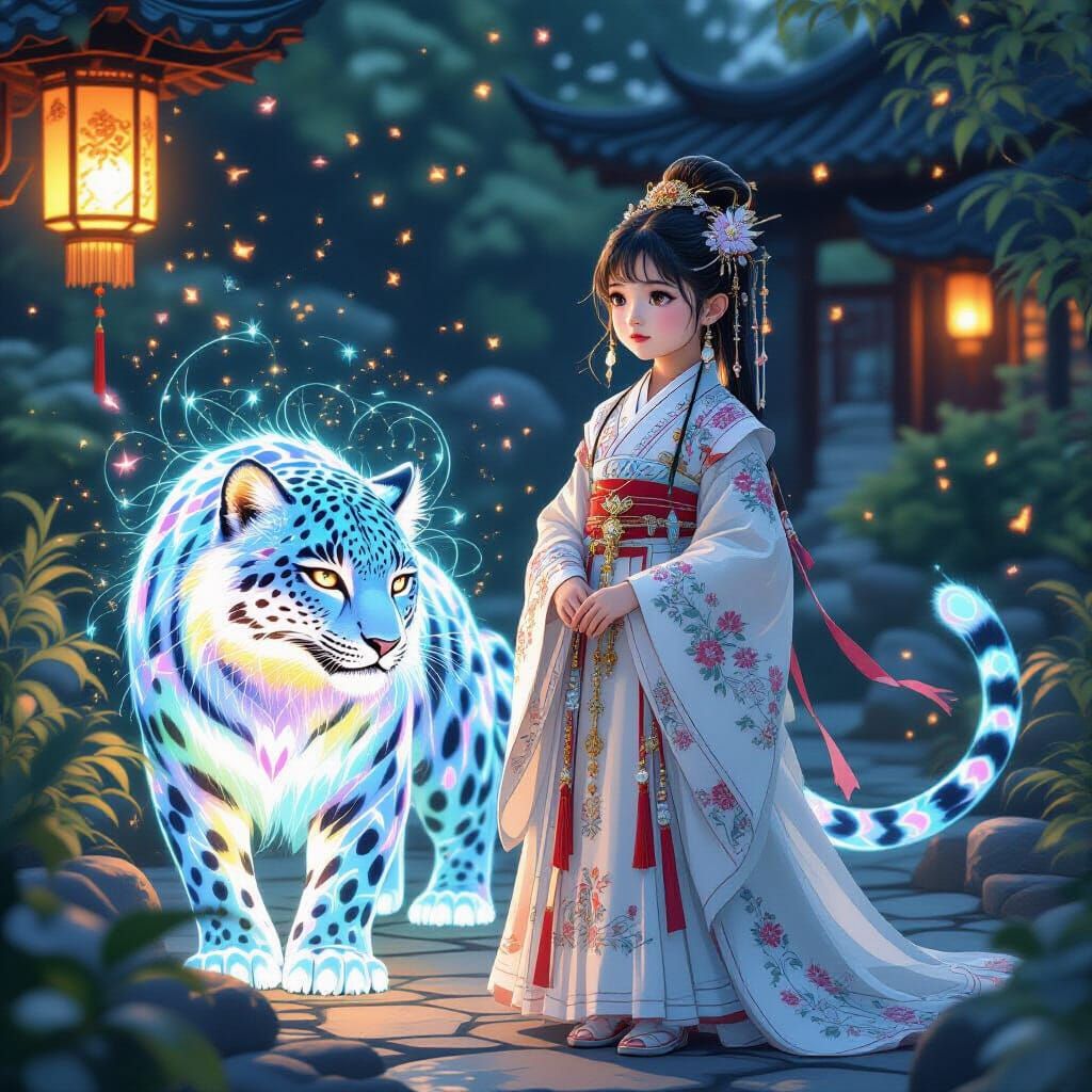Ethereal Girl with Glowing Leopard in Garden