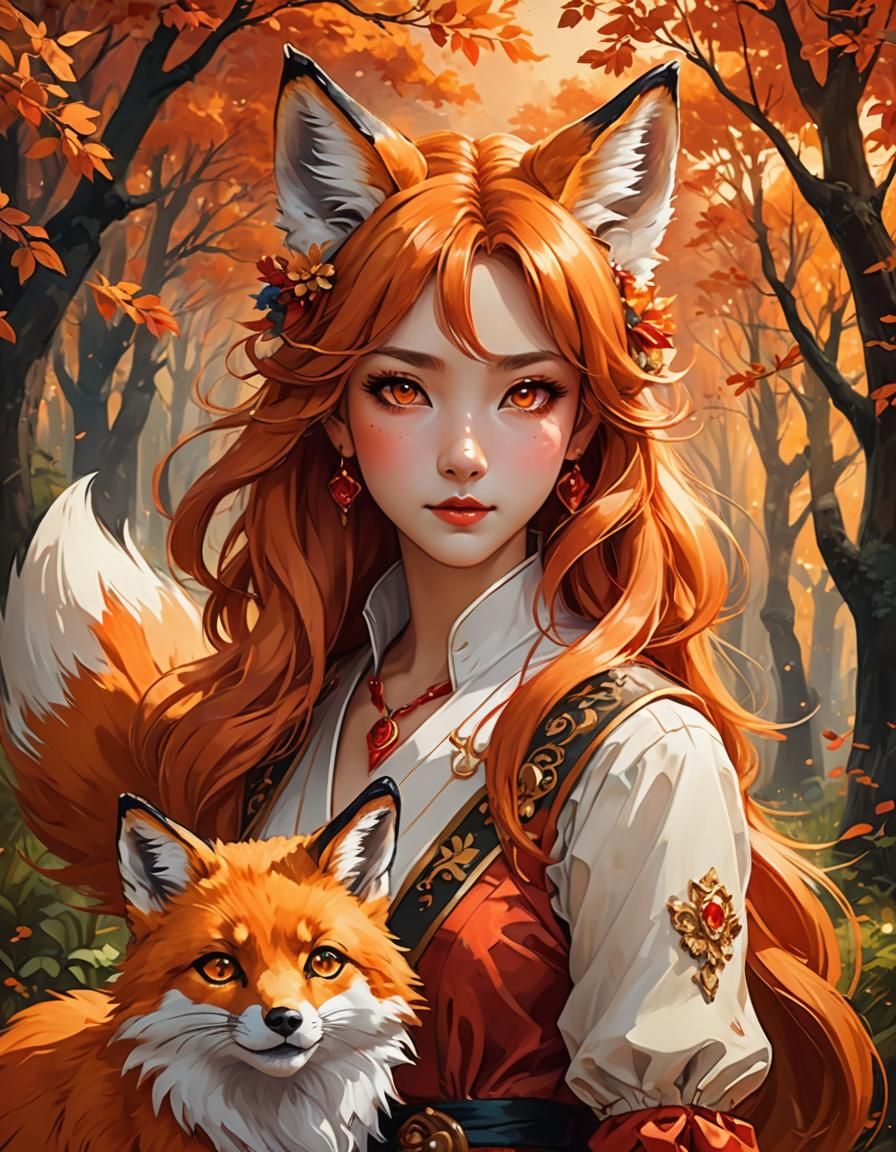 Anime Fox-Woman with Fluffy Tail in Cel-Shaded Style