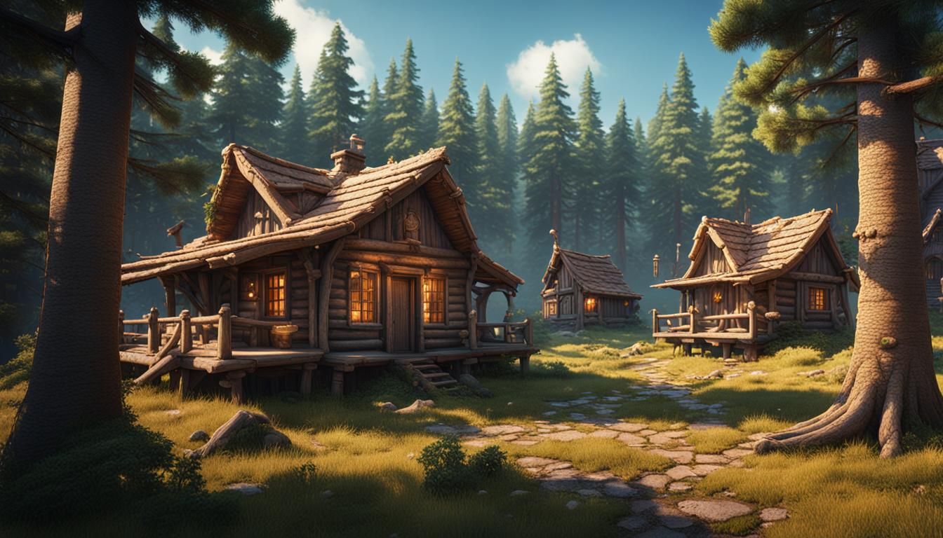 Cabins in Pine Forest: Detailed Matte Painting