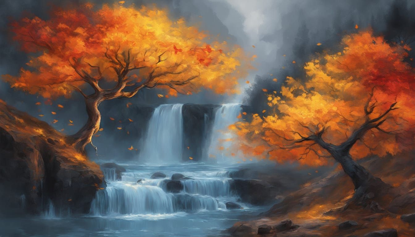 Fantasy Tree in Vibrant Autumn Colors near a Majestic Blue W...