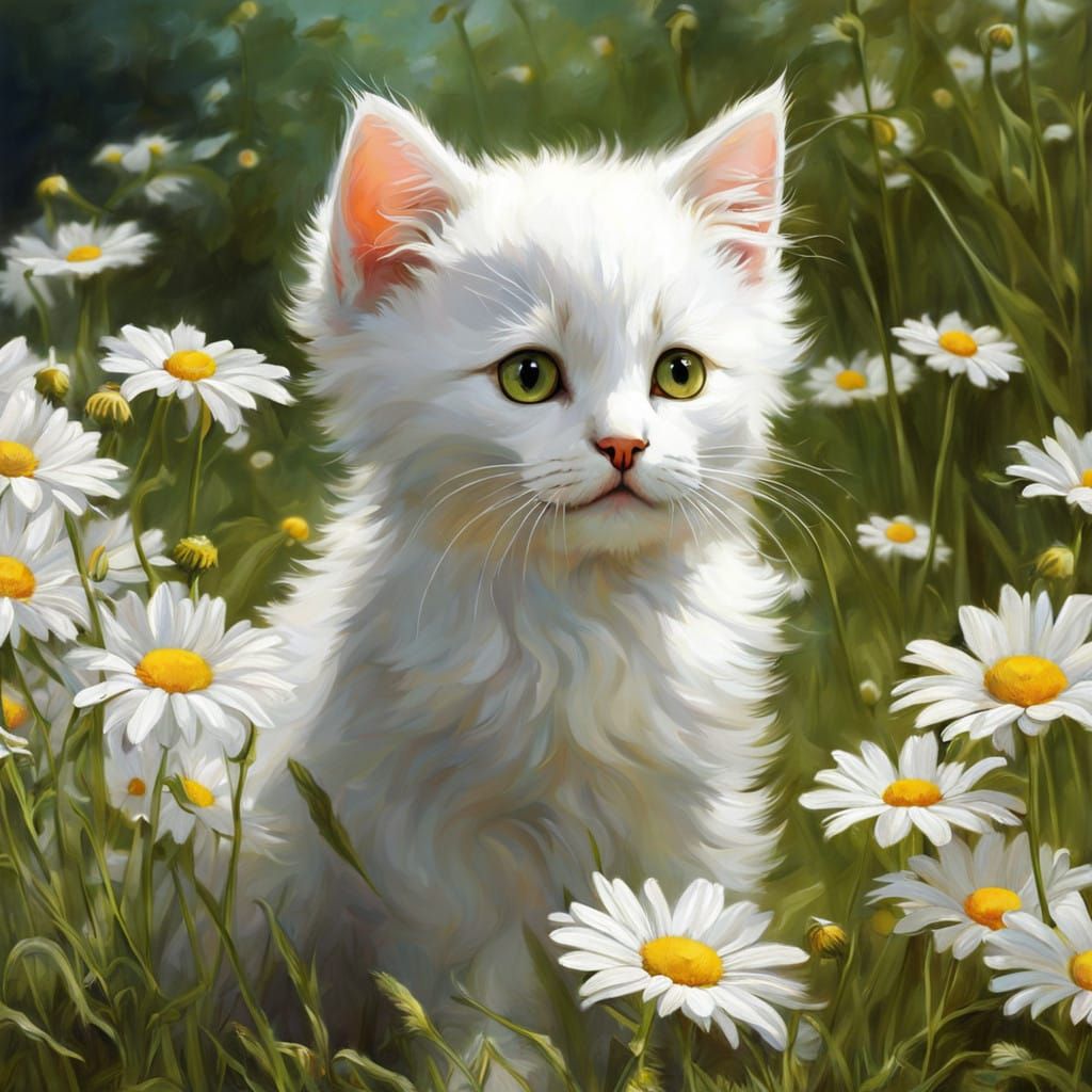 Whimsical Kitten Amidst Blooming Daisies
