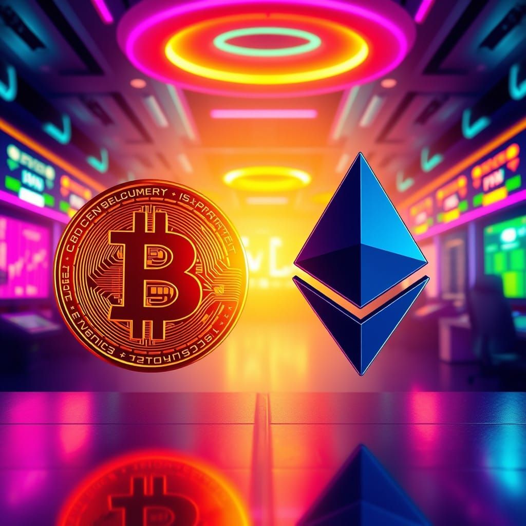 Bitcoin vs Ethereum in Neon-Lit Digital Art