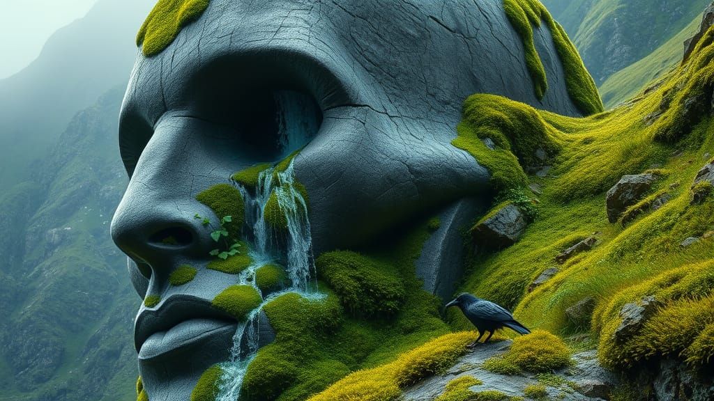Mossy Stone Head with Waterfall, Photorealistic Style