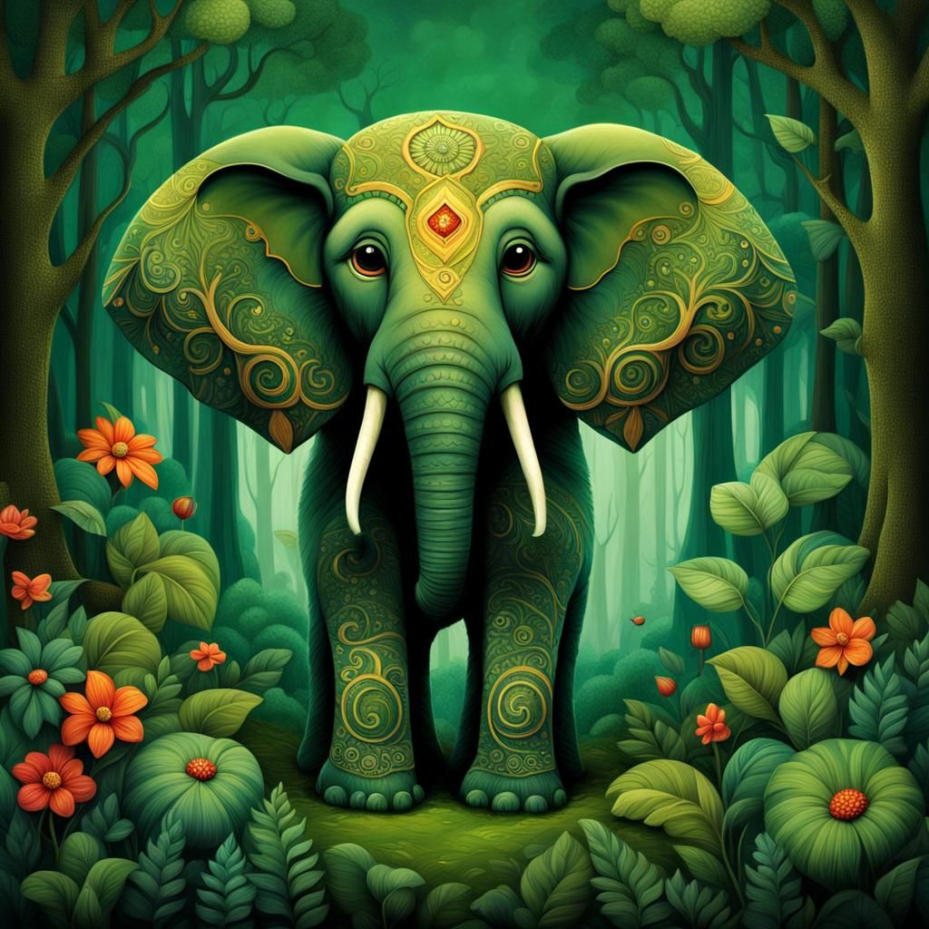 Chibi Elephant in Jungle, Art Deco Style