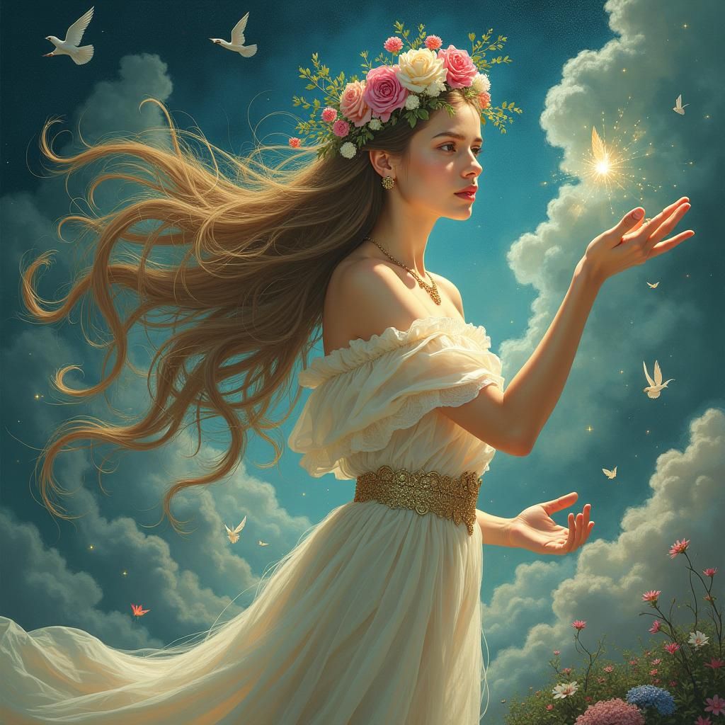 Mystical Woman Surrounded by Symbols of Empowerment