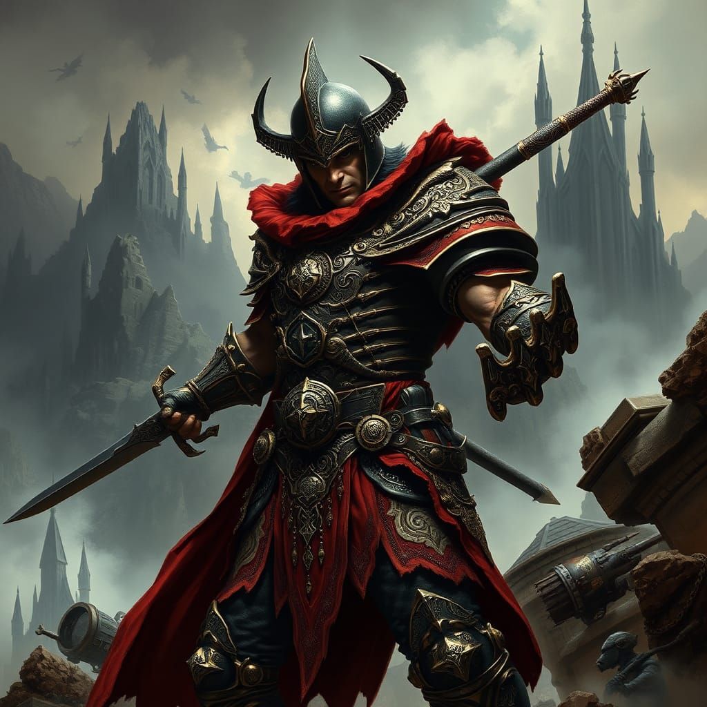 Heroic Warrior in Mystical Realm, Dark Fantasy Art