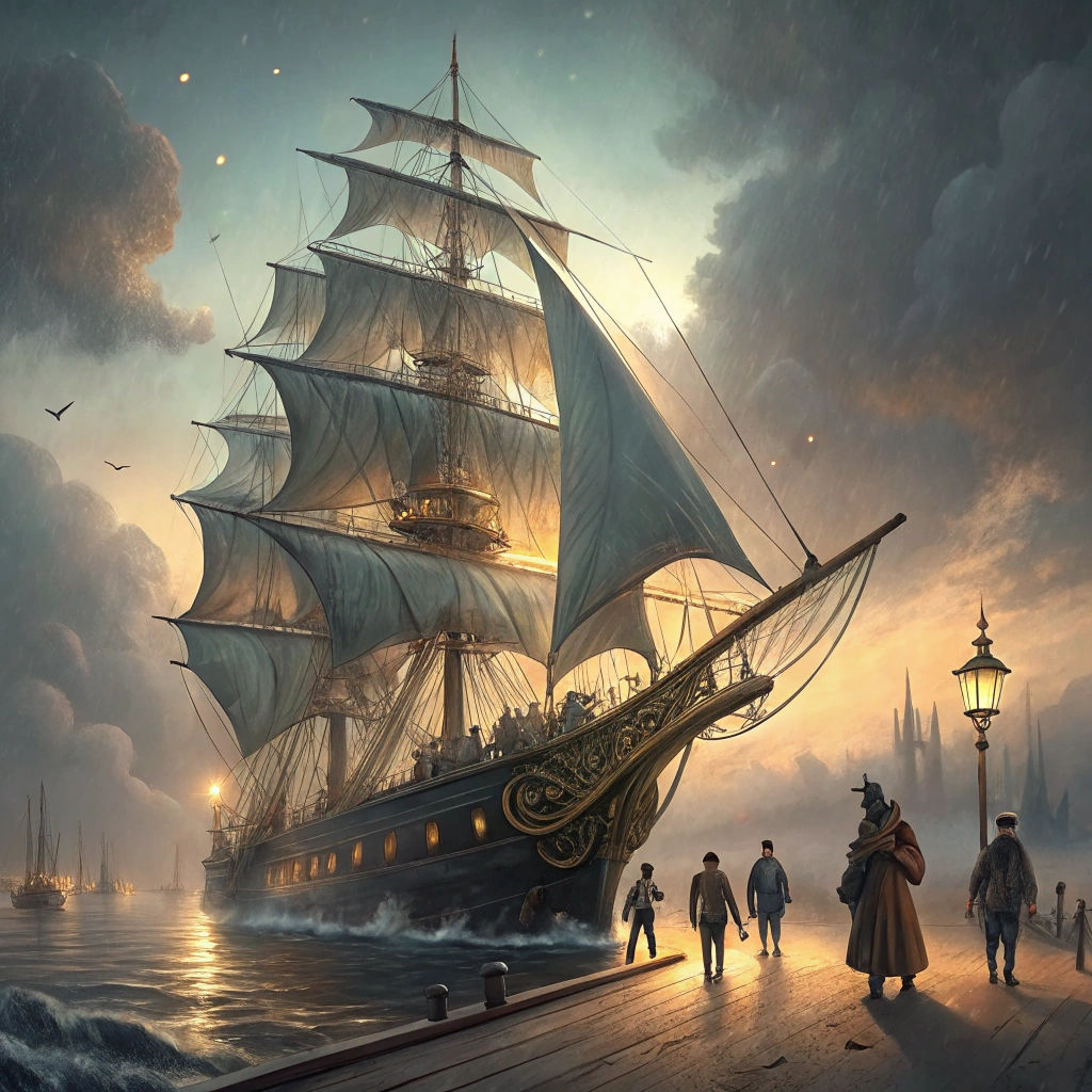 Grand Sailing Vessel in Misty Port, Golden Light Aesthetic