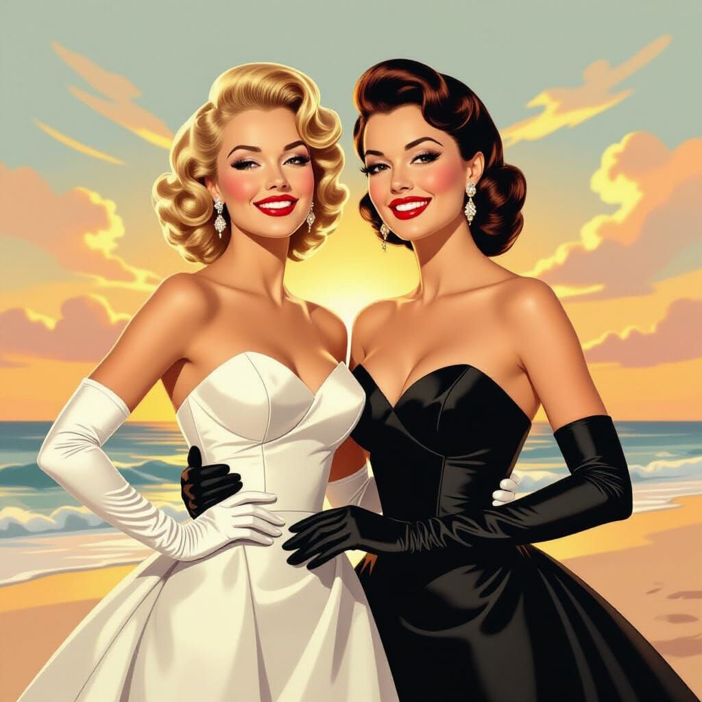 Glamorous Women on Beach in Retro Pin-Up Style